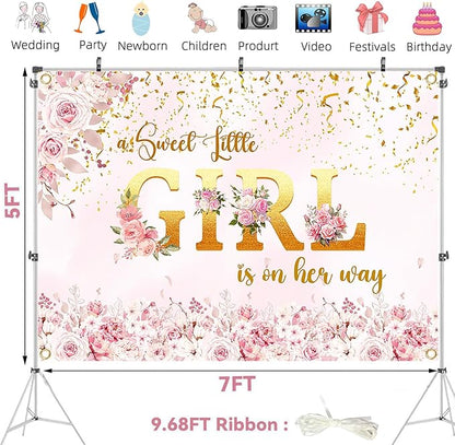 Large 7 x 5ft Girl Baby Shower Backdrop Banner - Pink Floral Sweet Little Girl is on Her Way with 19.68ft (6m) Ribbon for Baby Shower Decorations, Photography & Party Backdrop