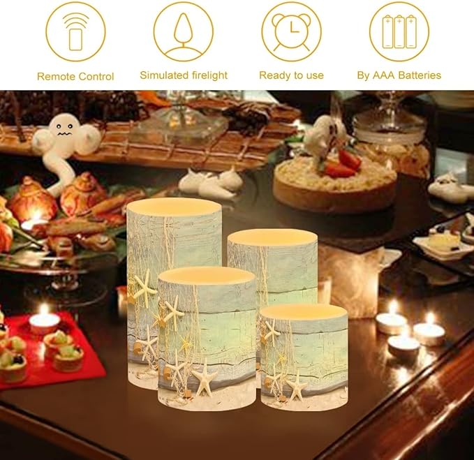 Flickering Flameless Candles 4 Pieces Set, LED Pillar Candles with Timer Battery Operated Tea Lights for Coastal Decor, Beach Starfish with Blue Wood Grain