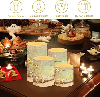 Flickering Flameless Candles 4 Pieces Set, LED Pillar Candles with Timer Battery Operated Tea Lights for Coastal Decor, Beach Starfish with Blue Wood Grain