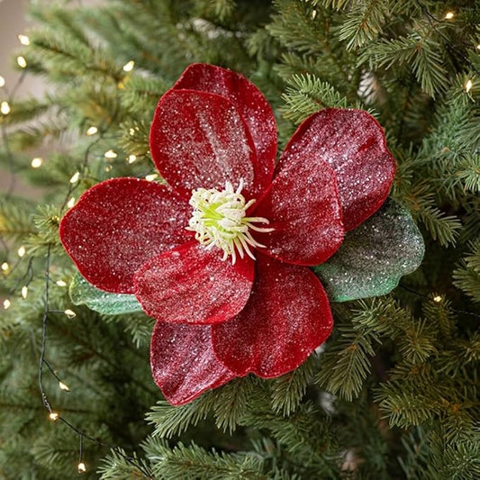Artificial Magnolia Flowers with Glitter, Foldable Christmas Tree Decor, for Vase Arrangements, Gold