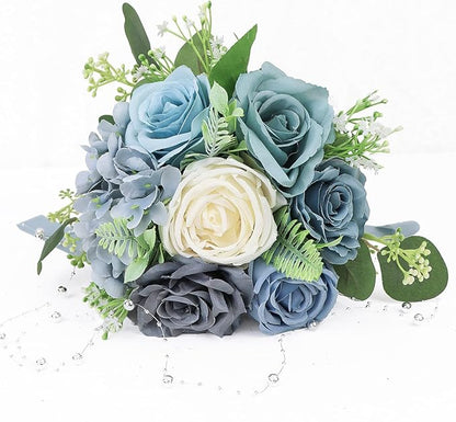 Set of 6 Bridesmaid Bouquets for Wedding - Artificial Bouquets for Bridesmaids Flowers Silk Floral Ceremony Anniversary Centerpieces Decorations - Dusty Blue and White，7 Inch