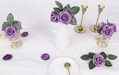 IPOPU Glitter Flowers,25PCS Light Purple Glitter Roses Fake Roses Artificial Flowers for Cake Wedding Bouquet Home Party Decoration(Lilac)