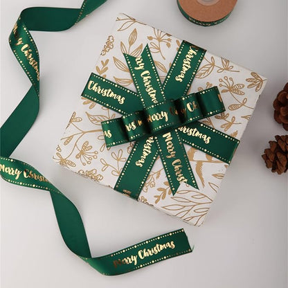 Merry Christmas Ribbon 10 Yards 1Inch Wide Black Satin Ribbons with Gold Printed Gift Ribbon for Craft Packing, Gift Wrapping, DIY Craft, Christmas Party Supplies