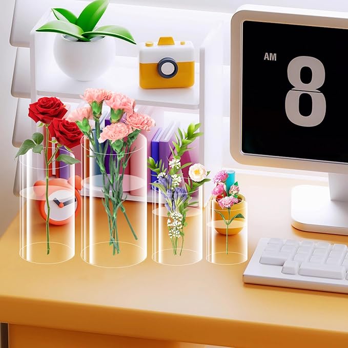 48 Pack Plastic Cylinder Vases, 4 6 8 10 Inch Tall Acrylic Cylinder Clear Flower Vase Set Bulk Glass Like Large Round Plastic Vases for Centerpiece Wedding Home Office