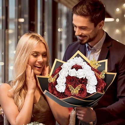 36+20 Glitter Roses Bouquet, DIY Fake Flowers Bouquet, Craft The Initials of Your Loves' Name with Artificial Rose Bouquet for Valentines, Anniversary, Wedding, Red & White