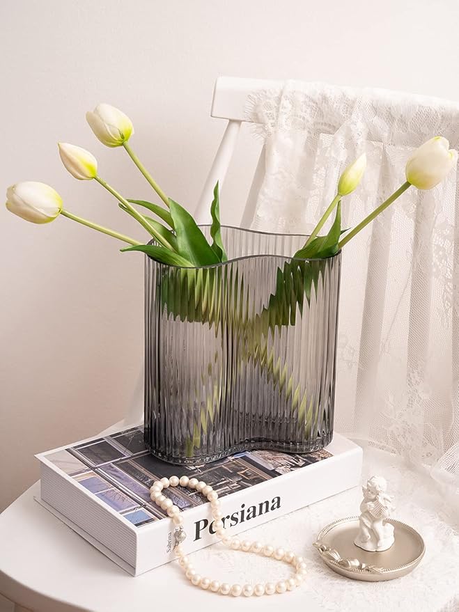 Glass Vase for Centerpieces,Modern Large Vase for Flowers,Footprint Shape Striped Bottle for Home,Office Restaurant Desk Decor 8.3 Inch(Gray)