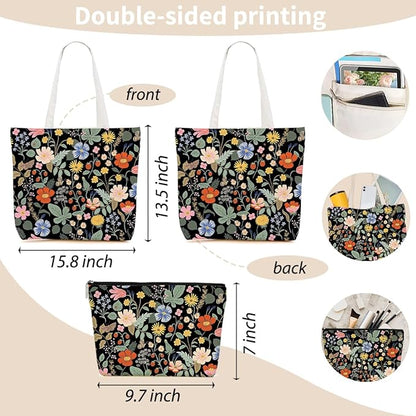 Aesthetic Floral Tote Bag Makeup Bag Flower Decor Gifts for Girls Christmas Shopping Grocery Bags Cosmetic Bags