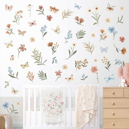 decalmile Boho Flower Wall Decals Watercolor Floral Butterflies Wall Stickers Baby Nursery Girls Bedroom Kids Room Wall Decor