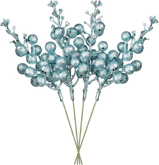 DearHouse 14 Pack Christmas Glitter Berries Stems, 7.8Inch Artificial Christmas Picks for Christmas Tree Ornaments, DIY Xmas Wreath, Crafts, Holiday and Home Decor (Light Blue)