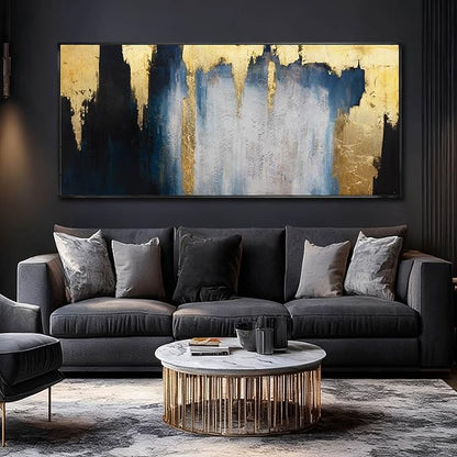 Modern Abstract Blue and Gold Framed Wall Art 32x70 Extra Large Canvas Painting Contemporary Artwork for Living Room Office Decoration