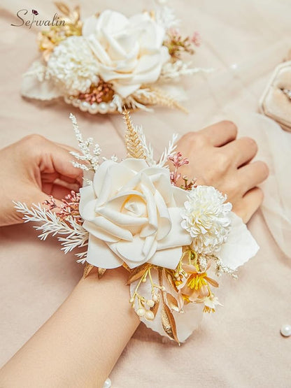 Serwalin Set of 2 Wrist Corsage for Wedding, 6-7 Inch Corsages for Bridesmaid Mother Grandmother, Artificial Flowers for Prom Ceremony Anniversary Cake Topper (Champagne)