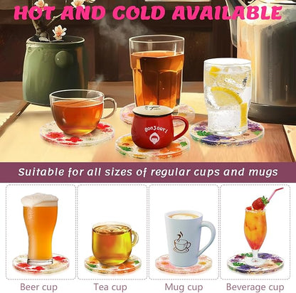 Flower Coasters, Tumwisk 4Pcs Dried Flower Drink Coasters,Women Coffee Table Dining Table Desk Aesthetic Coaster Set Natural Floral Coaster Home Decoration Housewarming Present (Multicolor)