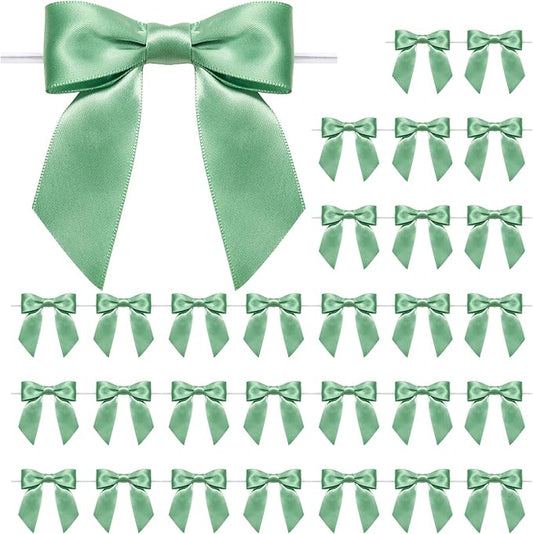 WRAPAHOLIC 30 Pcs 3" Sage Green Satin Ribbon Bows with Twist Tie - Pretied Premade Craft Bows for Christmas Party Crafts Treat Bags Gift Wrapping Wedding Birthday Baby Shower