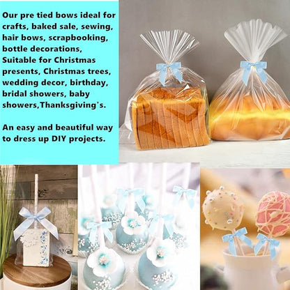 100 Pieces 3 inch Satin Ribbon Twist Tie Bows, Blue Pretied Bows with Twist Ties, Twist Bows Treats Bags, Bow Ties for Treats, Cake Pops, Baby Shower, Crafts, Gift Wrapping Favors, Cookies