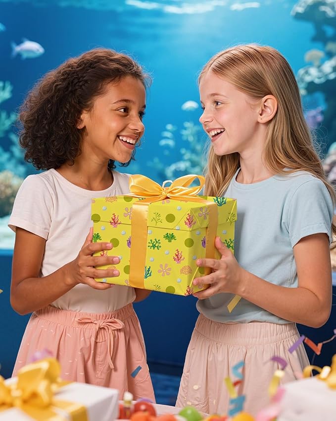 Pineraap Yellow Cartoon Wrapping Paper 12 Sheets Tropical Ocean Themed Gift Packing Paper Water Grass Jellyfish Flowers Pineapple Wrap Paper for Baby Shower Birthday Party Supplies, 20"×28"