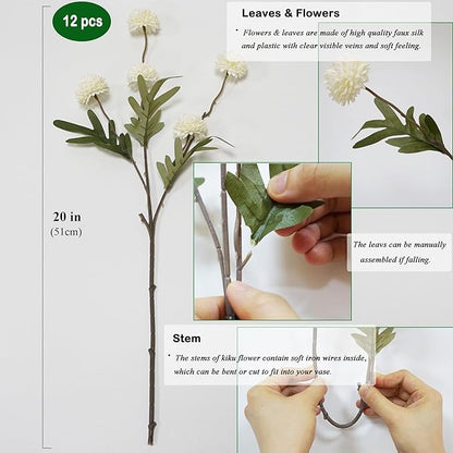 Faux Kiku Flower - White 12 Stems Faux Silk Mini Chrysanth with Stems Bulk Pompon Mum Artificial White Flower Ball for Floral Arrangements Silk Flowers for Home Decor Indoor