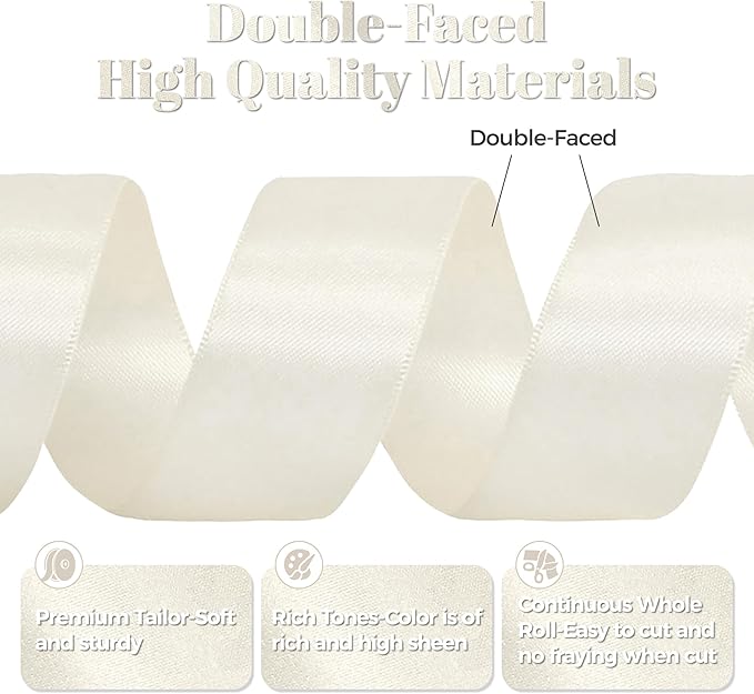 Antique White Satin Ribbon, Double Faced 1-1/2 Inch X 25 Yards Antique White Ribbon, Premium Satin Ribbon for Gift Wrapping, Crafts, Hair Bow Making, Sewing, Flower Bouquet, Wedding Party Decor