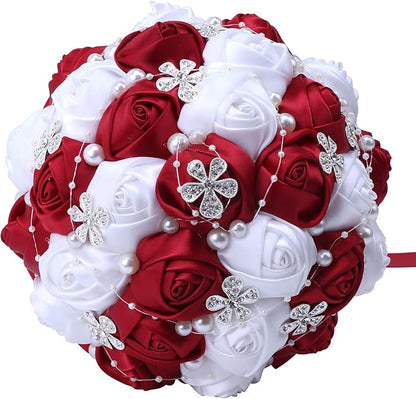 Handmade Wedding Flowers Bridal Bouquets Crystal Bride Holding Bouquet White Ivory Satin Roses with Diamond Pearl Ribbon.(WineRed)