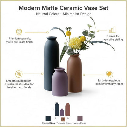 Ceramic Vase Set of 3, Farmhouse Rustic Decorative Vase for Home Decor, Modern Glazed Vase, Table Centerpiece for Living Room, Shelf, Bedroom, Kitchen (Black Purple)