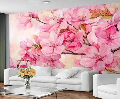 Watercolor Cherry Blossom Wall Mural, Japanese Cherry Blossom 3D Wall Murals, Simple Elegant Flowers Wallpaper Mural, for Living Room Bedroom Large Wallpaper Indoor Decor 137.8" W x100 H