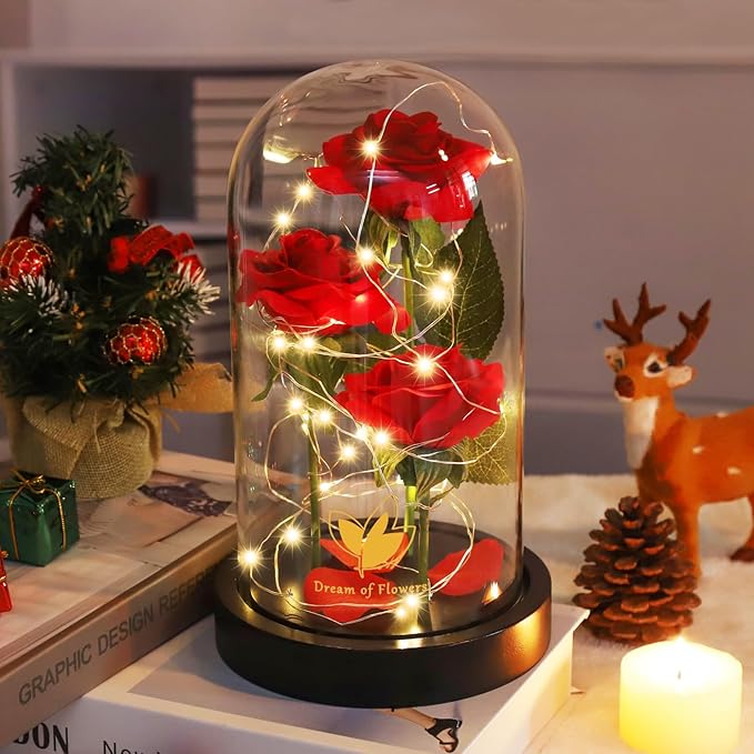 Christmas Rose Gifts for Her,Beauty and The Beast Rose Flowers 40 LED Lights Rose in Glass Dome,Woman Gifts for Christmas,Christma Ornaments Artificial Flower Rose Gift Romantic Gifts for Women