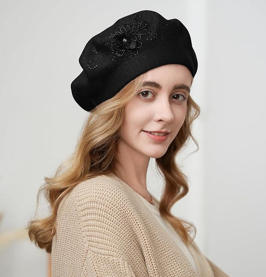 Flower Embroidery Beret Hat for Women, French Style Knitted Beret Hats, Stylish Solid Color Beret Cap for Women Girls Lady