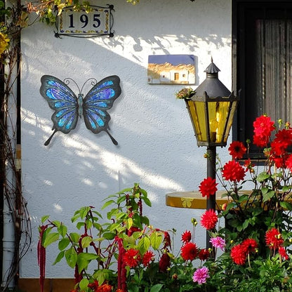 HONGLAND Metal Butterfly Wall Decor Outdoor Indoor Art Sculpture Hanging Glass Decorations Blue for Home Garden Bedroom