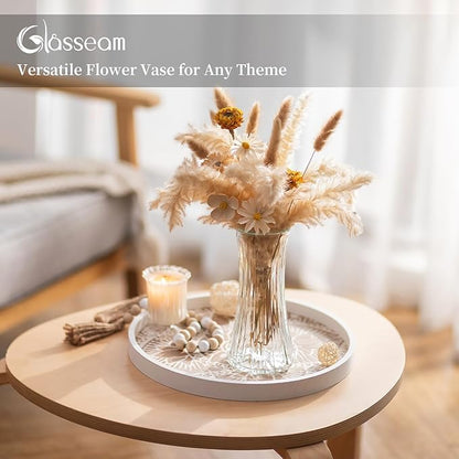 Glasseam Glass Vase for Home Decor: Clear Flower Vases for Living Room Kitchen Bathroom Wedding Table Centerpieces - 7.5" Tall Modern Vintage Decorations for Bouquet Pampas Grass Lego Flowers