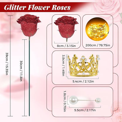 Red Glitter Roses Bouquet, 36 Pcs Shiny Glitter Flowers Bouquet, Everlasting DIY Artificial Roses Bouquet for Christmas, Birthday, Anniversary, Wedding, Engagement