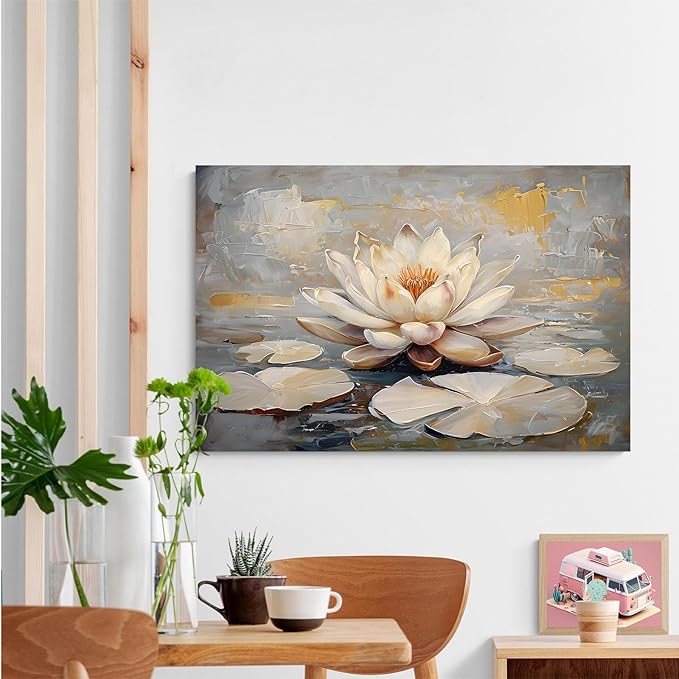 Ethereal white lotus floating on Crystal Waters poster vintage oil painting printwall art soft blush and gold accents serene home and office decor dreamy 28x40in Frameless