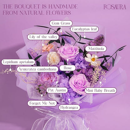 Rosaura Preserved Flowers Bouquets, Natural Real Roses for Delivery Prime, Forever Rose Bouquets Valentine's Day, Mother's Day, Christmas, Birthday Gifts-Light Purple (with vase)