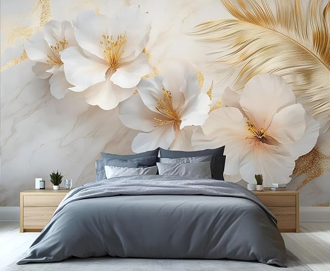 White Flowers Marble Wall Mural, Luxury Floral 3D Wall Murals, Elegant Gold Leaf Design Wallpaper Mural, for Living Room Bedroom Large Wallpaper Indoor Decor 98.4" W x68.9 H