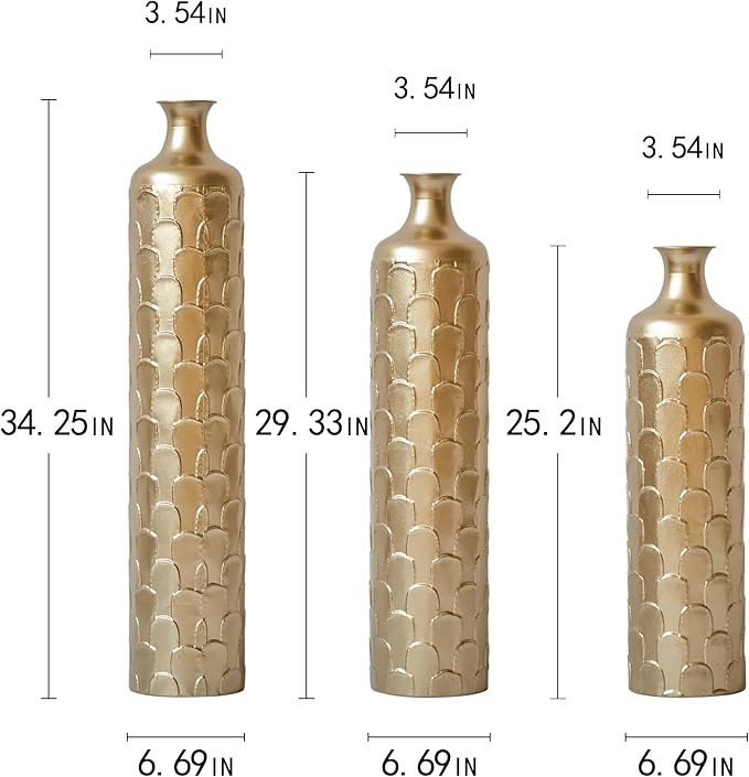 Floor Oversized Gold Metal Decorative Vase with 3D Triangle Pattern Set of 3 Large Vases for Home Living Room 33.5 ", 29.5 ", 25.2" High (Gold)