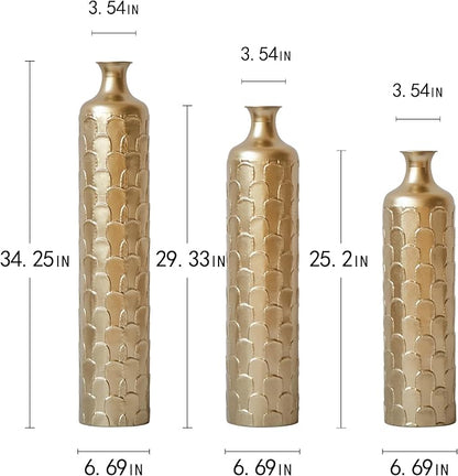 Floor Oversized Gold Metal Decorative Vase with 3D Triangle Pattern Set of 3 Large Vases for Home Living Room 33.5 ", 29.5 ", 25.2" High (Gold)