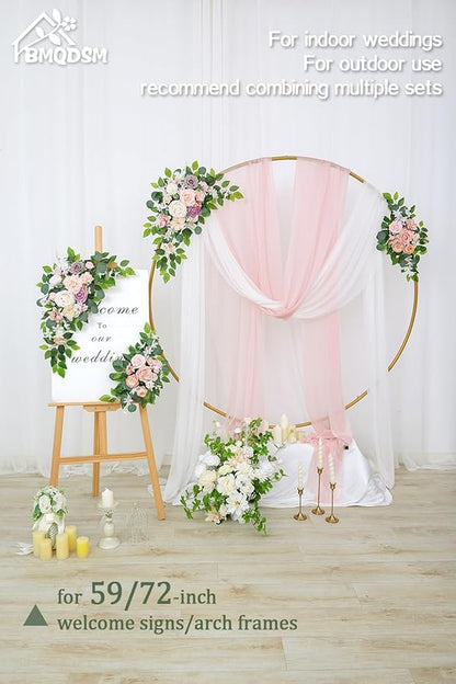 Faux Flowers Wedding Welcome Signs Floral(Pack of 2)，Wedding Arch Flowers for Decorations and Reception Backdrop Decoration (Pink)