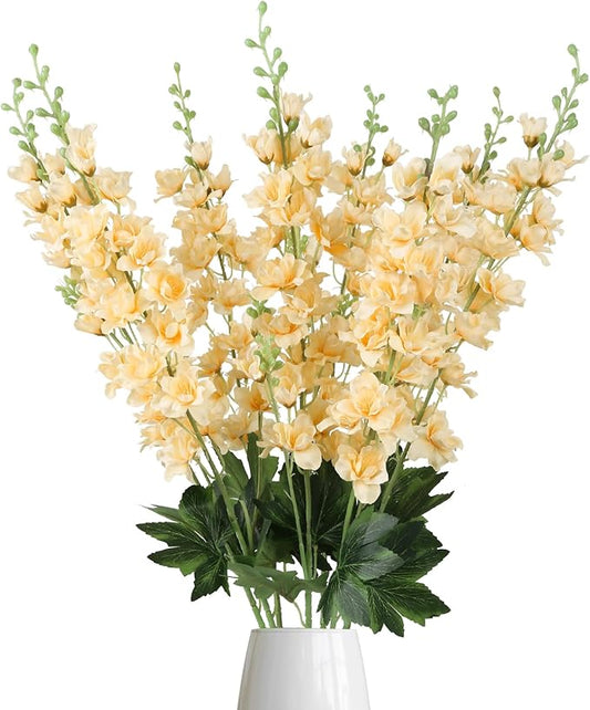 8PCS Delphinium Artificial Flowers Champagne Silk Faux Flowers 33.5'' Long Stem Fake Larkspur Flowers for Tall Vase Home Wedding Garden Table Decor(Champagne)