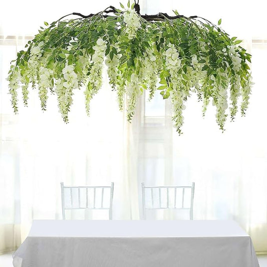 Efavormart 55" Cream Artificial Silk Wisteria Vine Round Hanging Canopy, Draping Garland Flower Chandelier with Interchangeable Branches