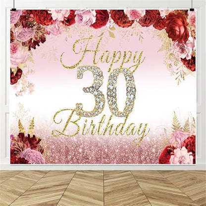 10x8ft Happy 30th Birthday Backdrop Pink Red Rose Flower Bush Garden Birthday Photography Background Floral Themed Women 30th Birthday Party Decoration