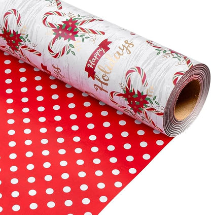 MAYPLUSS Christmas Wrapping Paper Roll - 17 Inch X 33 Feet - Christmas Holly Candy Cane Reversible Polka Dot Gift Wrapping Paper, Thick Wrap Paper for Holiday Party New Year Kids