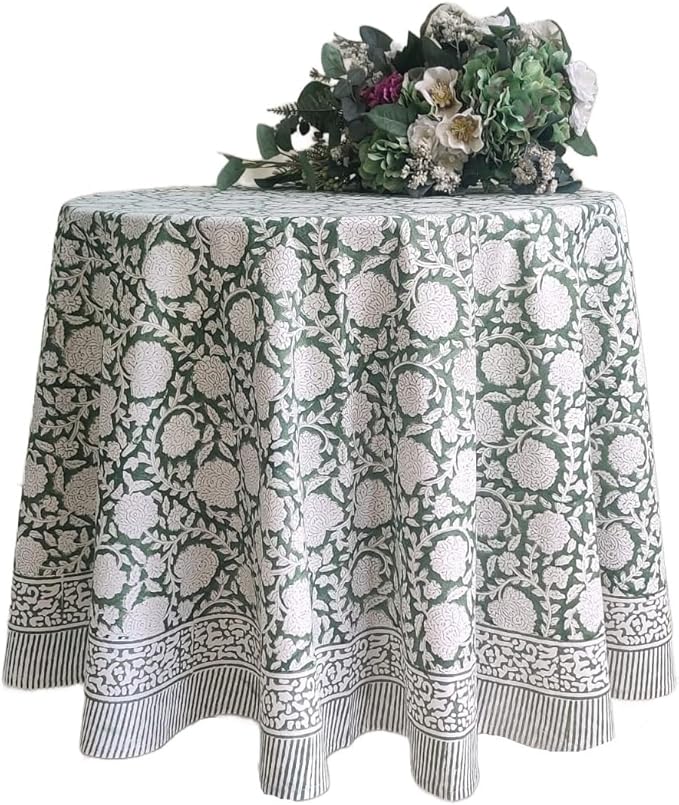 ATOSII Shalimar Green 100% Cotton Round Boho Fall Tablecloth, Handblock Floral Table Cloth Linen for Kitchen Dining I Parties Wedding Outdoors Christmas Thanksgiving I Fall Home Decor 90" Inches Round