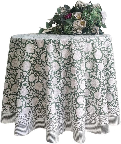 ATOSII Shalimar Green 100% Cotton Round Boho Fall Tablecloth, Handblock Floral Table Cloth Linen for Kitchen Dining I Parties Wedding Outdoors Christmas Thanksgiving I Fall Home Decor 90" Inches Round