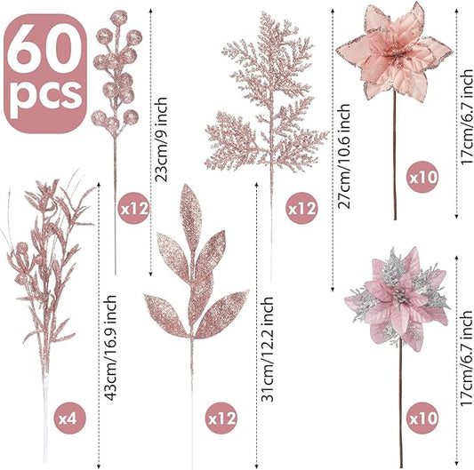 60 Pcs Christmas Glitter Branches 6 Styles Artificial Christmas Picks Berries Stems Poinsettia Flowers Pine Needles Floral Twig Spray for Xmas Tree Ornaments DIY Wreath Garland(Rose Gold)