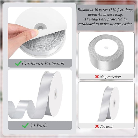 Silver Ribbon 1 Inch 50 Yards Gift Wrapping Ribbon for Crafts Hair Bows Making Wedding Holiday Decorations Thanksgiving Christmas