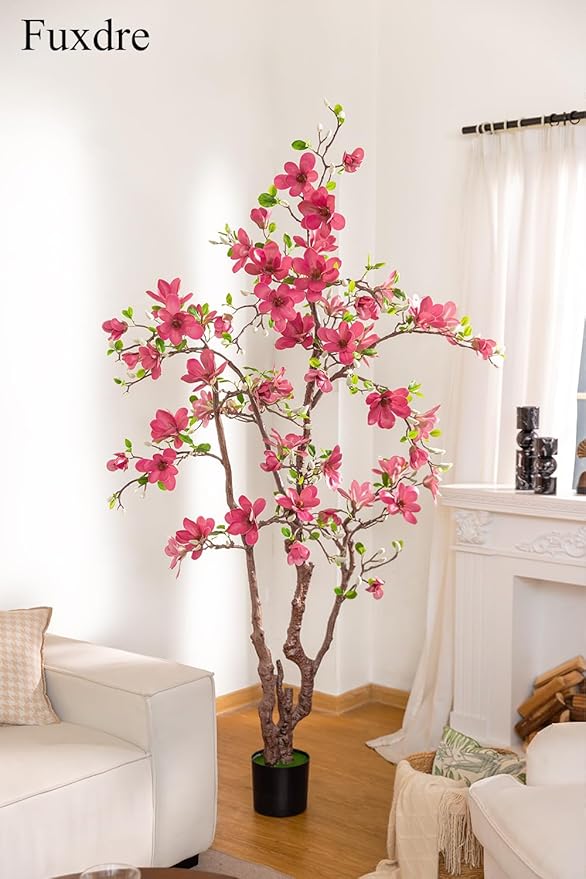 Faux Magnolia Tree 6.8 ft - with 57 Pcs Fuchsia Flowers - Tall Artificial Plants Indoor, Large Fake Plant Perfect Potted Magnolia Flower Decor for Living Room, Stairs, Shop, Porch, Study Room
