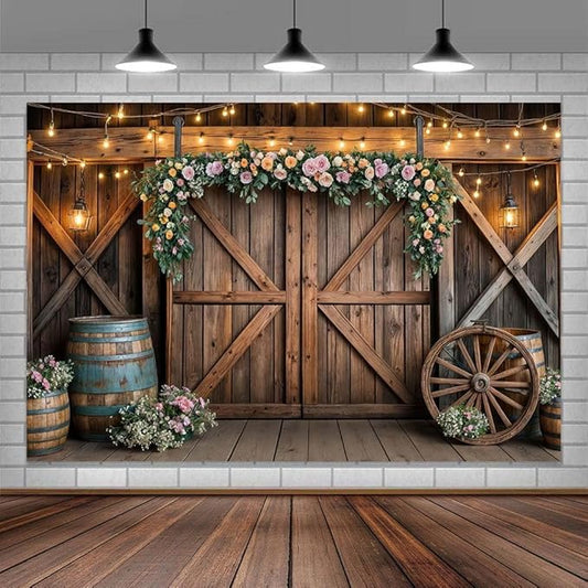 15x10ft Country Wedding Photography Backdrop Rustic Barn Door Photography Backdrop Farmhouse Pink Flower Cabin Wooden Birthday Baby Shower Wedding Bridal Party Banner Photo Booth Props Background
