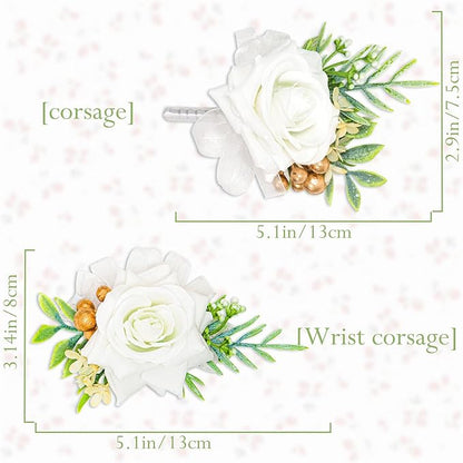 2 Pcs White Wrist Corsage and Boutonniere Set, Rose Corsage Hand for Women, Boutonniere for Men Wedding Flowers Accessories Prom Decor Party Suit Decoration (White)