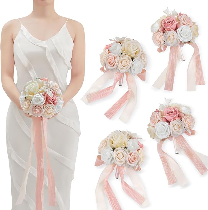 TINGE TIME Bridesmaid Bouquets for Wedding Set of 4 7 Inch Champange & Pink Wedding Bouquets Artificial Silk Flowers Bridal Bouquets for Bridesmaids, Wedding Decor, Anniversary, Party