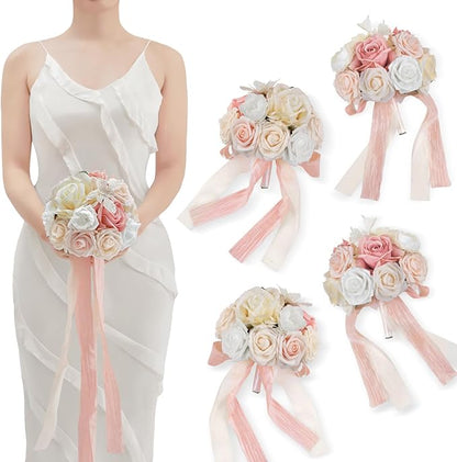 TINGE TIME Bridesmaid Bouquets for Wedding Set of 4 7 Inch Champange & Pink Wedding Bouquets Artificial Silk Flowers Bridal Bouquets for Bridesmaids, Wedding Decor, Anniversary, Party