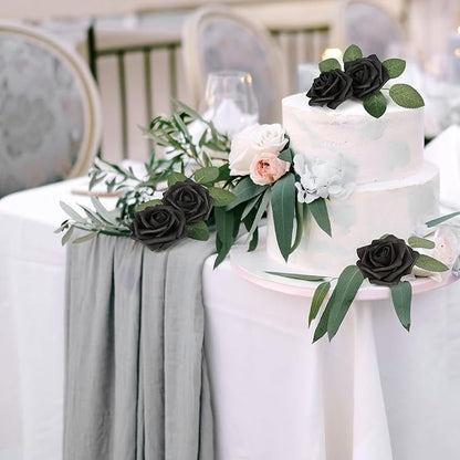 Mocoosy 50Pcs Black Roses Artificial Flowers, Fake Roses for Decorations, Real Touch Foam Rose Bulk with Stem Gothic Wedding Bouquet DIY Floral Arrangements Bridal Shower Valentine's Party Table Decor