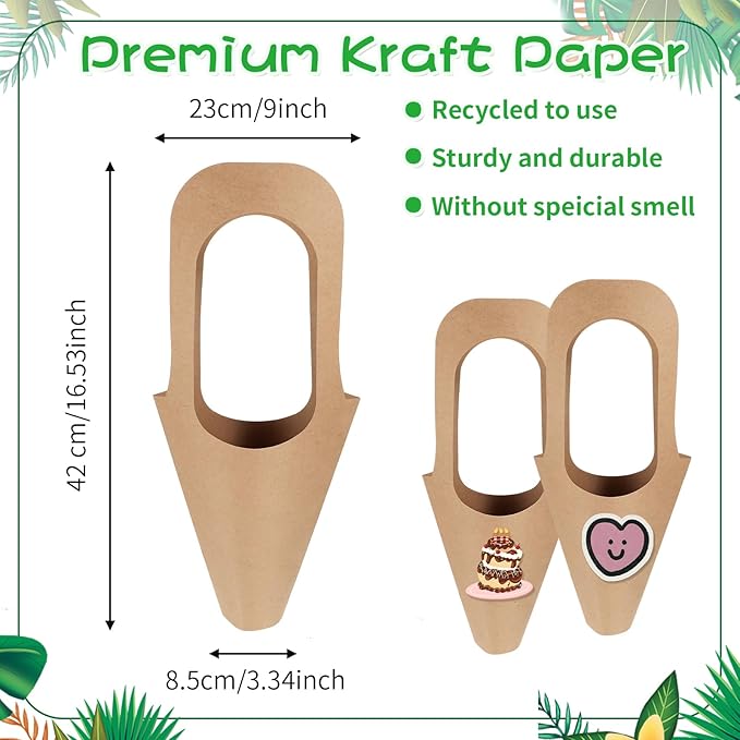 40 Pcs Kraft Paper Flowers Gift Bags Bouquet with Handle Flower Wrapping Paper Bouquet Kraft Floral Bags Cone Flower Sleeves for Packaging Wedding Graduation Party